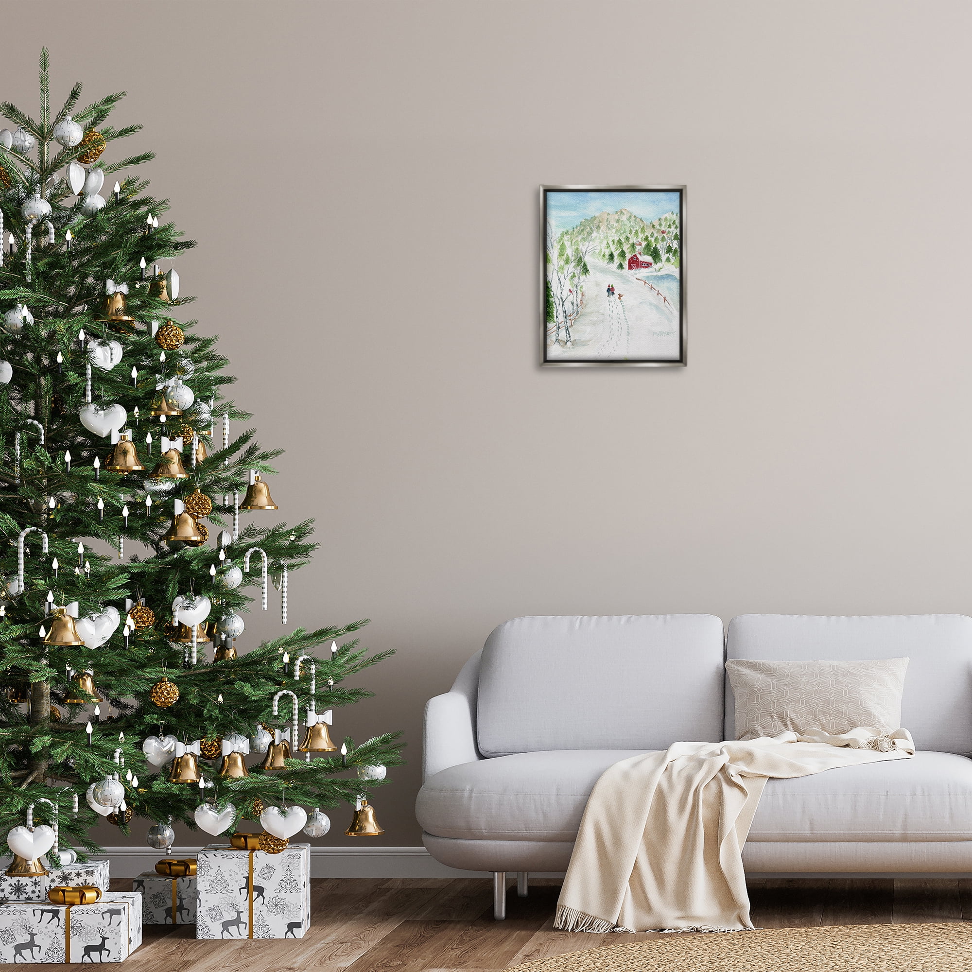 Stupell Industries Steps in Country Snow Holiday Painting Gray Floater Framed Art Print Wall Art, 17 x 21