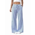 thumbnail image 2 of Women'S Striped Wide Leg Lounge Wear Pants Elastic Waist High Waisted Trousers with Pockets Sky Blue M, 2 of 9