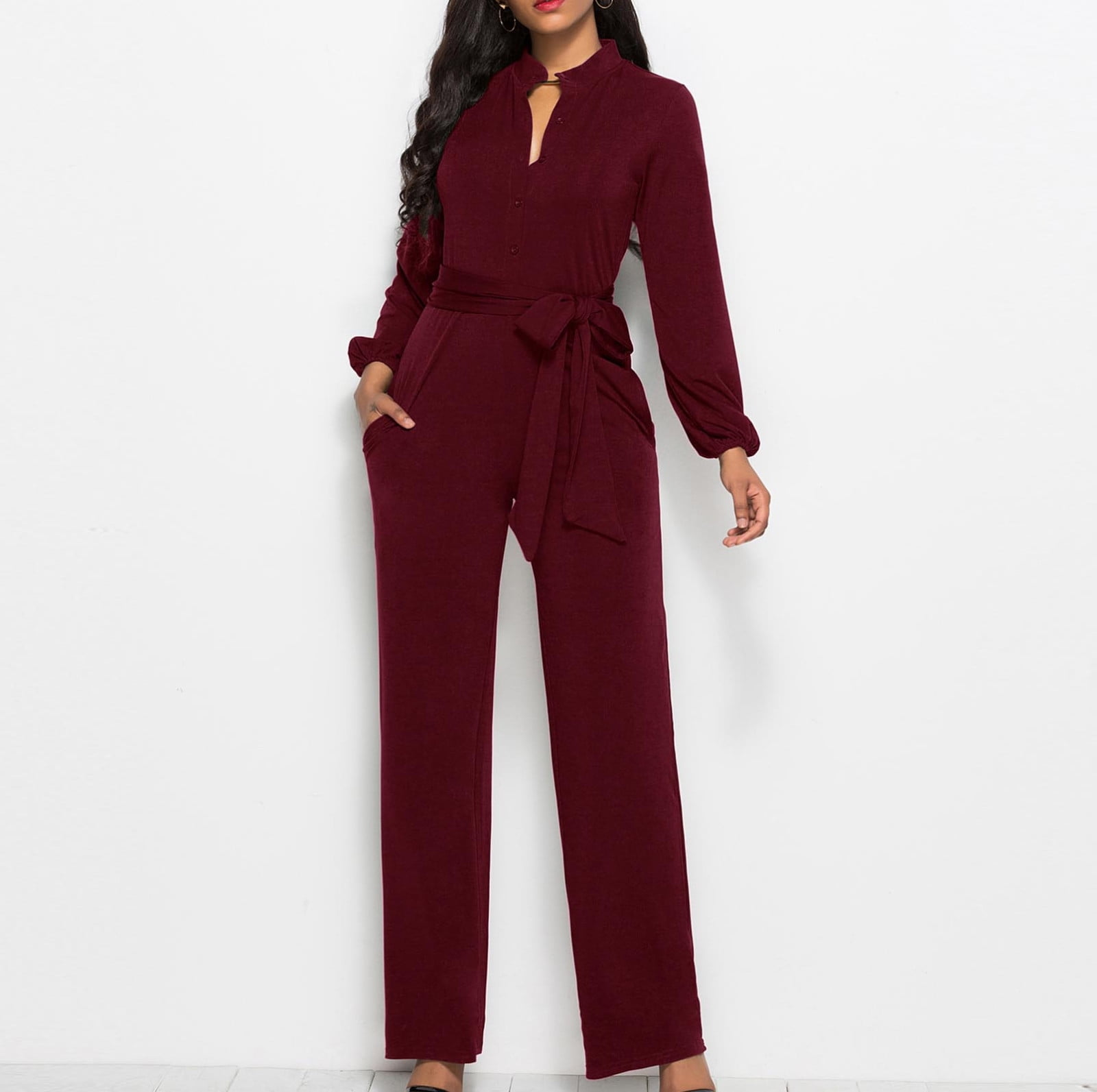 Posijego Womens Button Up Long Sleeve Jumpsuit Oversized Loose Tie Waist  Belt with Pockets Casual Office