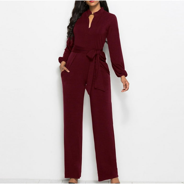 VSSSJ Women s Solid Color Jumpsuits Oversized Fit Long Sleeve V Neck Stand Collar Lace Up Wide Leg Jumpsuit Casual Trendy Simple Style Rompers Wine M