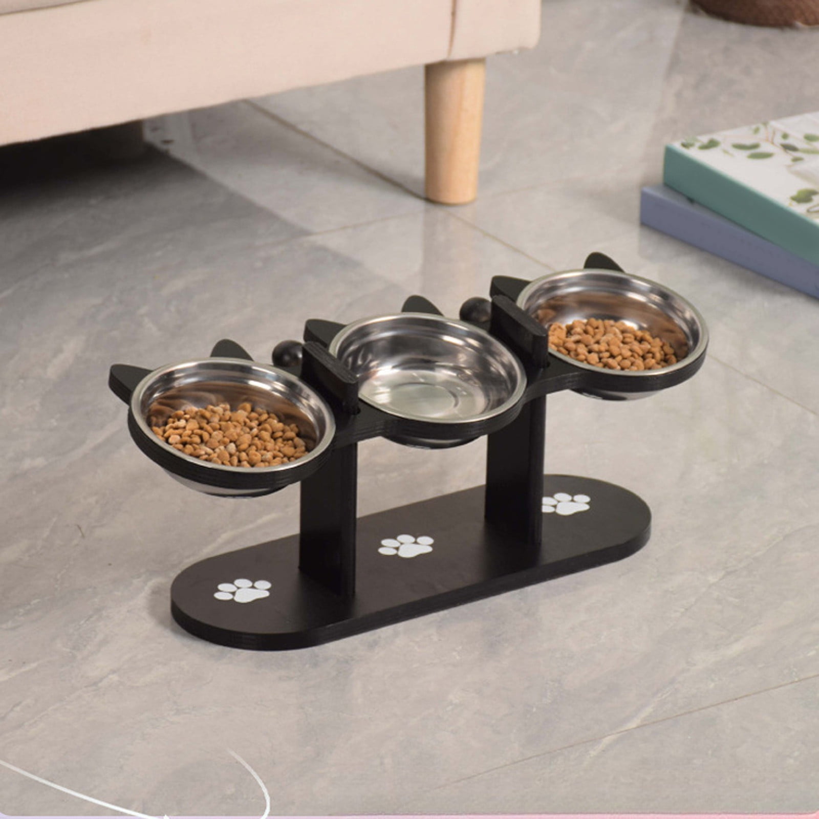 Elevated Pet Feeder Adjustable Height Stand with Triple Stainless Steel Bowls Indoor Raised Feeding Station for Cats and Dogs