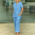 thumbnail image 2 of UVEASISHA Cotton Linen Sets for Women 2 Piece Office Work Outfits V Neck Short Sleeve Tops and Pants Set with Pockets Light Blue L, 2 of 7