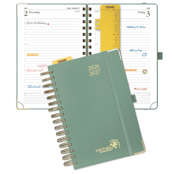 POPRUN 2026-2027 Daily Planner, 5.75" x 8.5", (Jul.26-Jun.27) Academic Calendar Book with One Page Per Day Planner, Spiral Hard Cover, Midnight Green