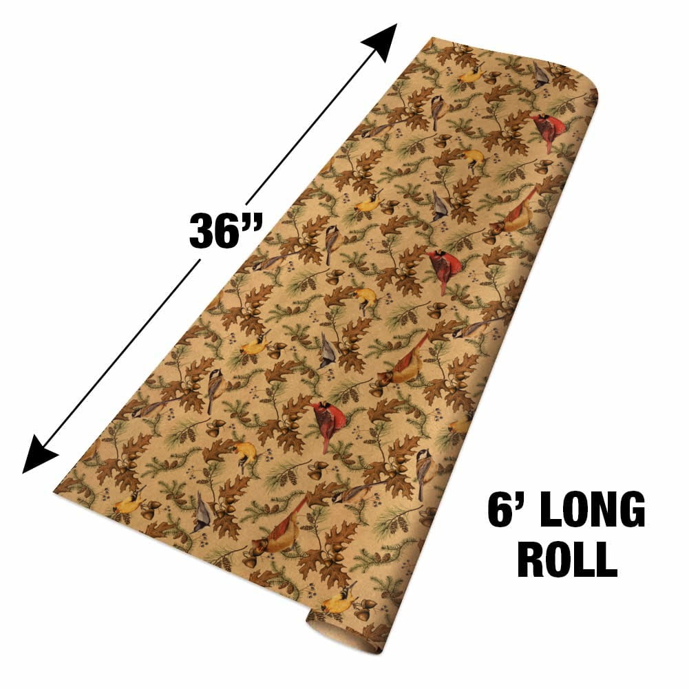 Birds Songbirds Oak Leaves Acorns Pinecones Autumn Fall Premium Kraft Roll Gift Wrap Wrapping Paper