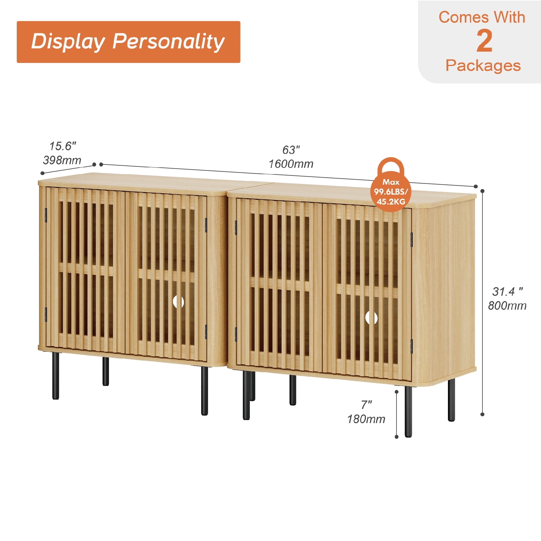 63" Mid Century Modern Sideboard Buffet Cabinet with Storage,Fluted Sideboard Cabinet with Adjustable Shelf, Oak