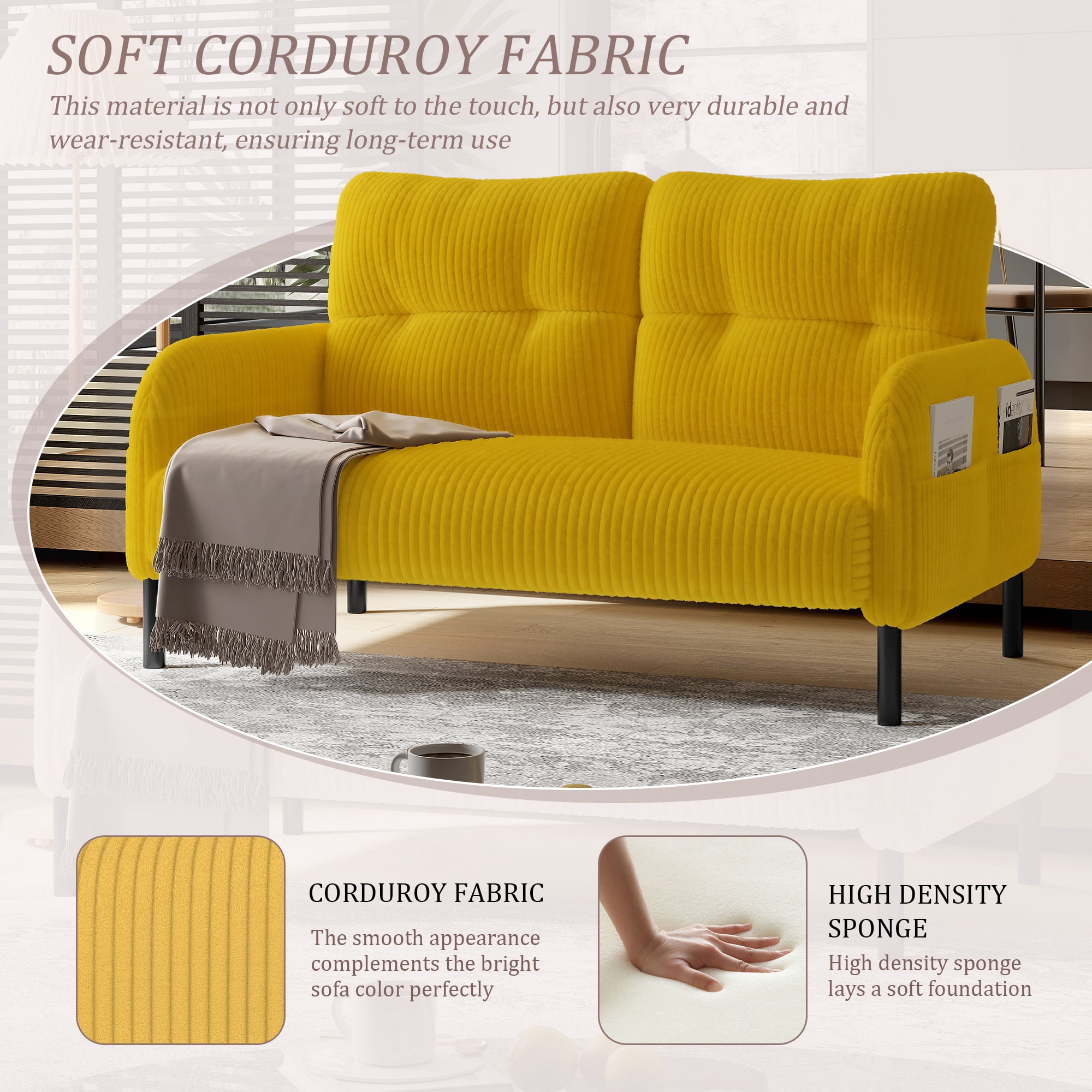 MOONMISS Corduroy Upholstered Tufted Comfortable Wood Frame Loveseats Sofa with Double Side Pocket-Yellow