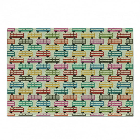 Colorful Cutting Board, London's Famous Double Decker Bus Silhouettes Pattern with Worn out Background, Decorative Tempered Glass Cutting and Serving Board, Small Size, Multicolor, by Ambesonne