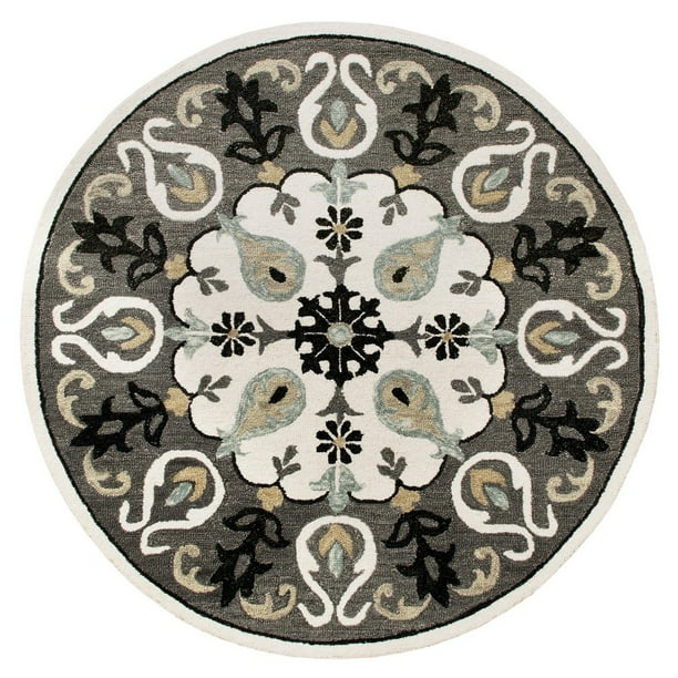 LR Home Ornate Floral Gray / White 5 ft. Medallion Round Area Rug