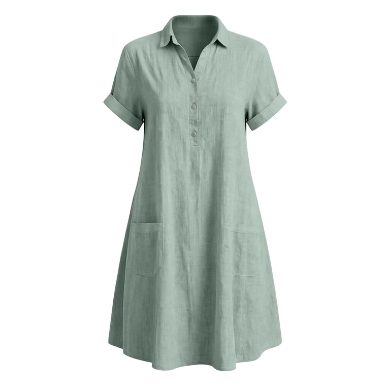 collared button through midi dress Jane Wardrobe Women’s Collared Button-Down Shirt Dress, Short Sleeve Loose  Fit Midi Dress with Pockets, Casual Linen-Like Summer Dress, 1 Piece, Sizes