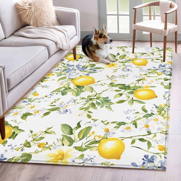 3'x5' Area Rugs, Summer Lemon Indoor Outdoor Area Rug for Living Room Bedroom, Watercolor Yellow Spring Floral Botanical Washable Bathroom Rugs Kitchen Floor Carpet Mats Home Decor Aesthetic