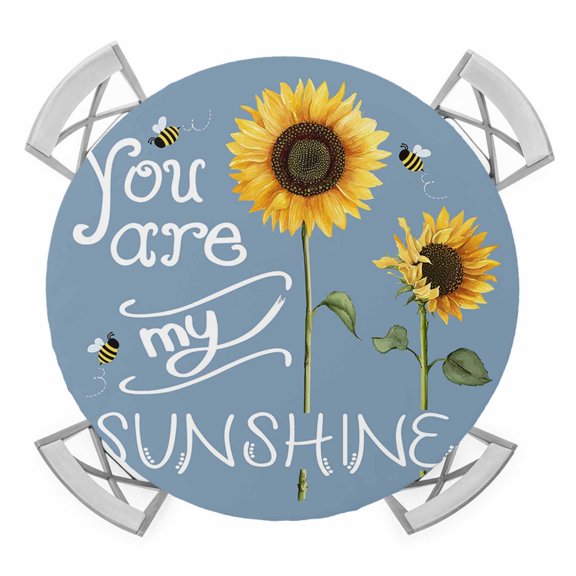 Elastic Fitted Round Tablecloth, Sunflowers Waterproof Stretch Table Cover for 55"-60" Tables, Modern Bee You Are My Sunshine Blue Washable Outdoor Tablecloths for Patio, Picnic, Camping