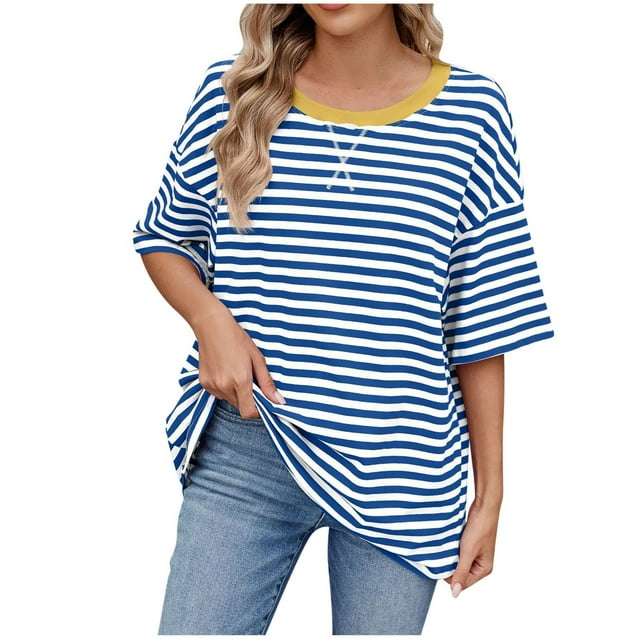 SwiftWear Blouse en Tricot pour Femme Printemps-Été - Haut Décontracté à Col Rond à Manches Courtes avec Blocs de Couleur Rayés et Ourlet Asymétrique, Tenue Tendance de Transition Saisonnière