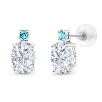 Gem Stone King 14k White Gold White Moissanite and Swiss Blue Topaz Earrings for Women (3.16Cttw, Gemstone, Oval 8X6MM, Round 2.5MM)
