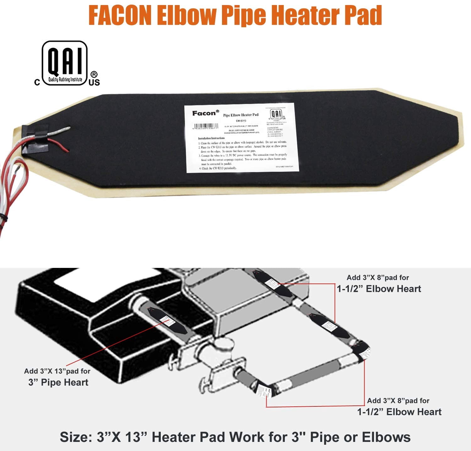 Facon 3" x 13" RV Elbow Pipe Heater Pad, Work for 3" Elbow Pipe on RV, Camper, Travel Trailer and Motorhome, 12V DC (Pack of 3)