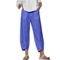 thumbnail image 2 of Utoimkio High Waist Cropped Linen Pants for Women Boho Eyelet Embroidery Wrap Cuff Capri Trousers with Side Hand Pockets, 2 of 6