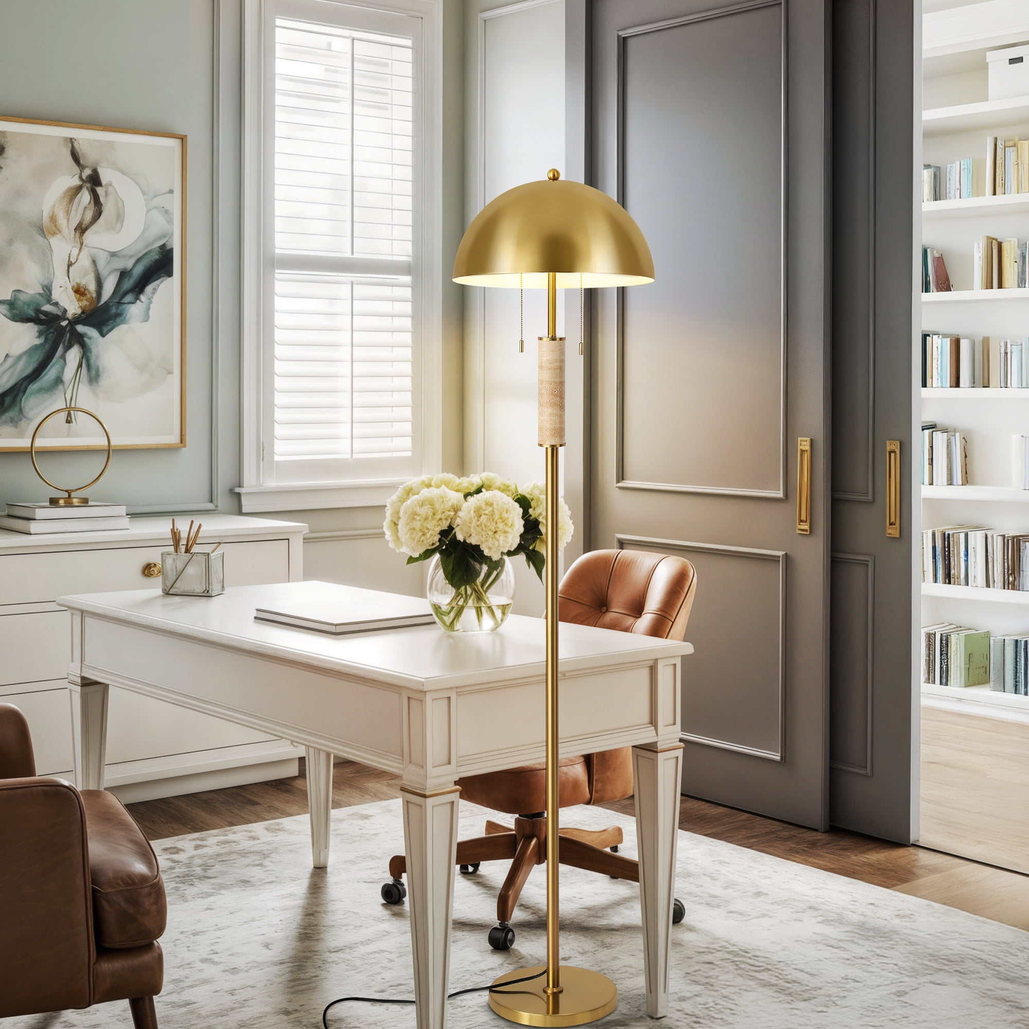 Modern Gold Metal Floor Lamp with Metal Dome LightShade, Pull-Chain Switch, Soft Ambient Light for Living Room Bedroom.