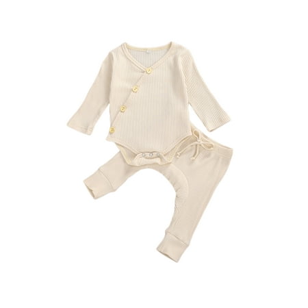 

Mioliknya Newborn Unisex Baby Organic Cotton Kimono Onesies+Striped Pants-Basic Plain Rib Stitch Knitted Outfits Set