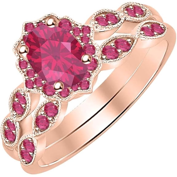 14K Rose Gold-Plated 925 Sterling Silver Oval Shape Ruby Vintage Style Wedding Engagement Bridal Ring Set For Womens