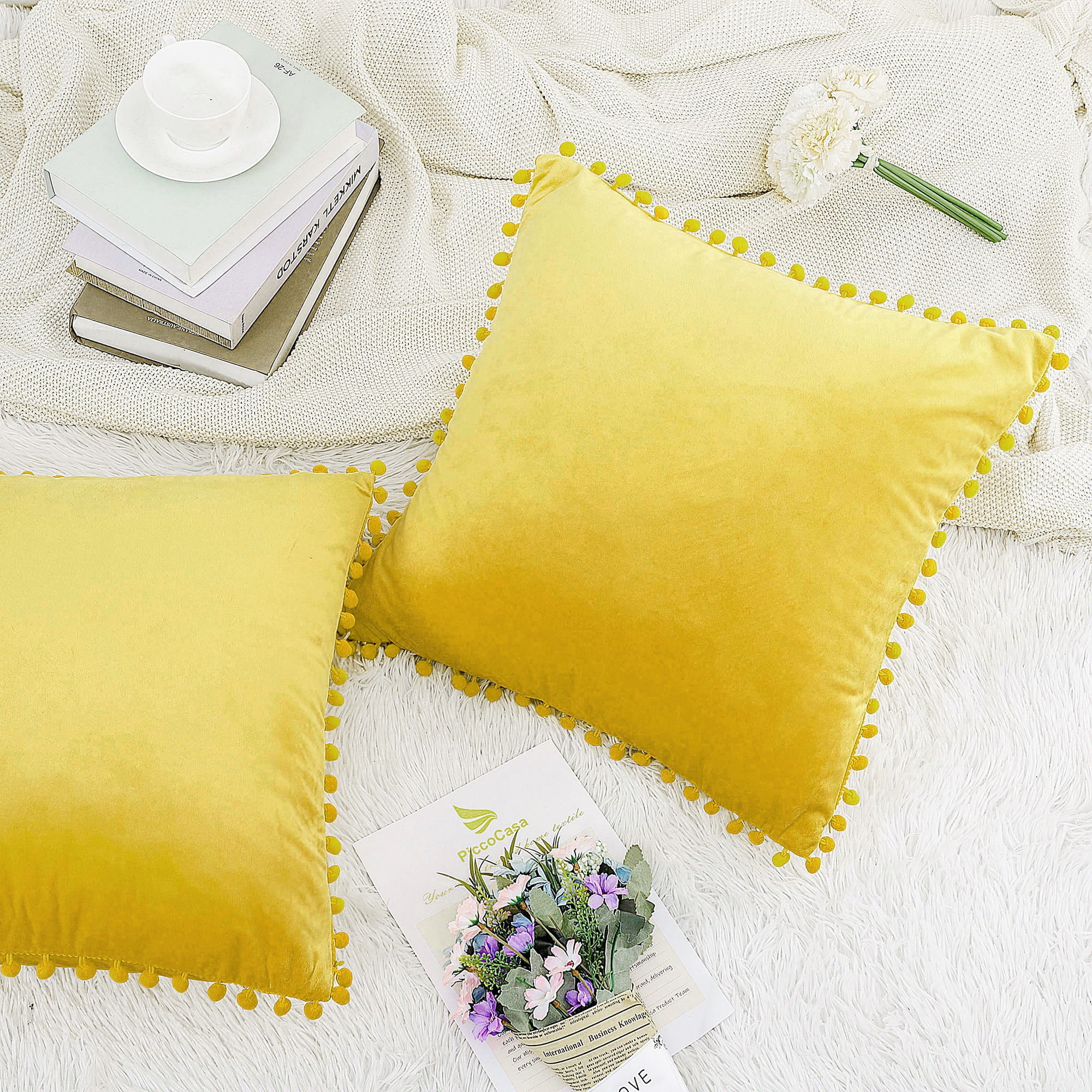 Unique Bargains Velvet Pillow Cover with Pompoms for Sofa 1PCS Golden Yellow 16x16Inch