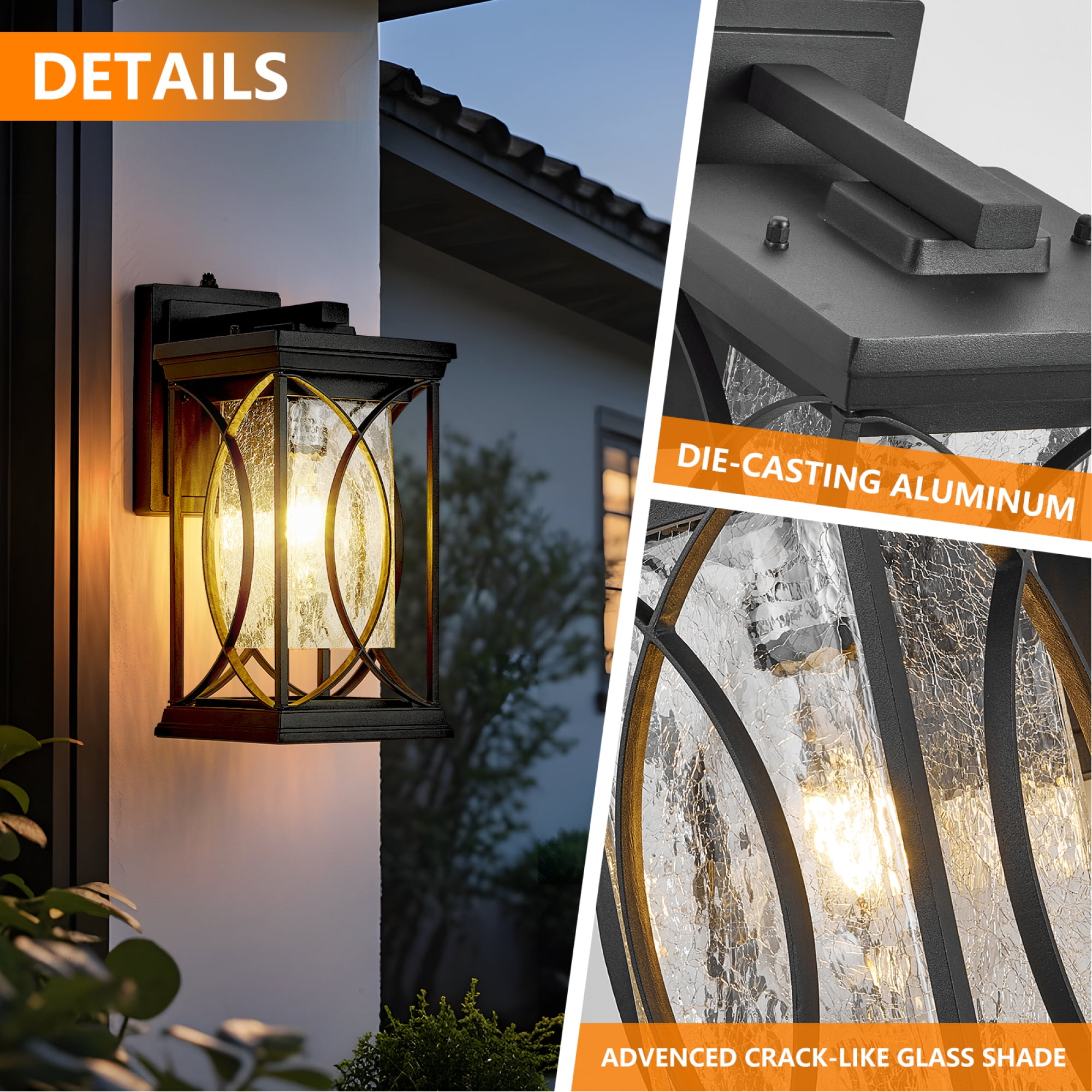 Leumius Dusk to Dawn Outdoor Wall Lantern Small Modern Exterior Light Fixture Aluminum with Crack-Like Glass Waterproof Outdoor Sconce Outside Light for House, Front Door