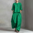 thumbnail image 2 of Guluxicc 2 Piece Women's Outfit Sets Stand Collar 3/4 Sleeve Button Down Top Pleated Wide Leg Pants With Pockets Matching Sets for Casual Wear, 2 of 5