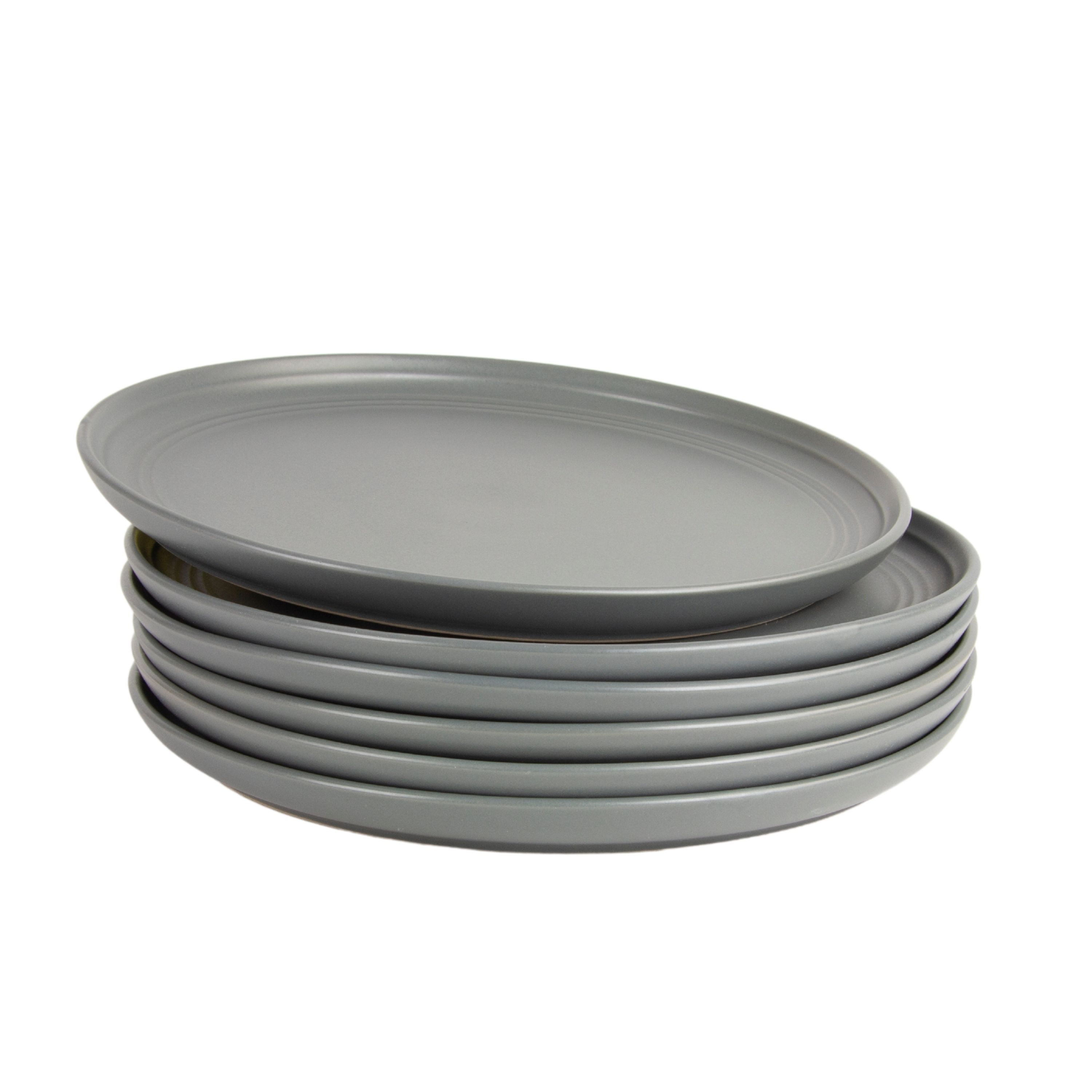 10 Strawberry Street Double Line 10.5" Round Stoneware Dinner Plate, Set of 6, Matte Gray