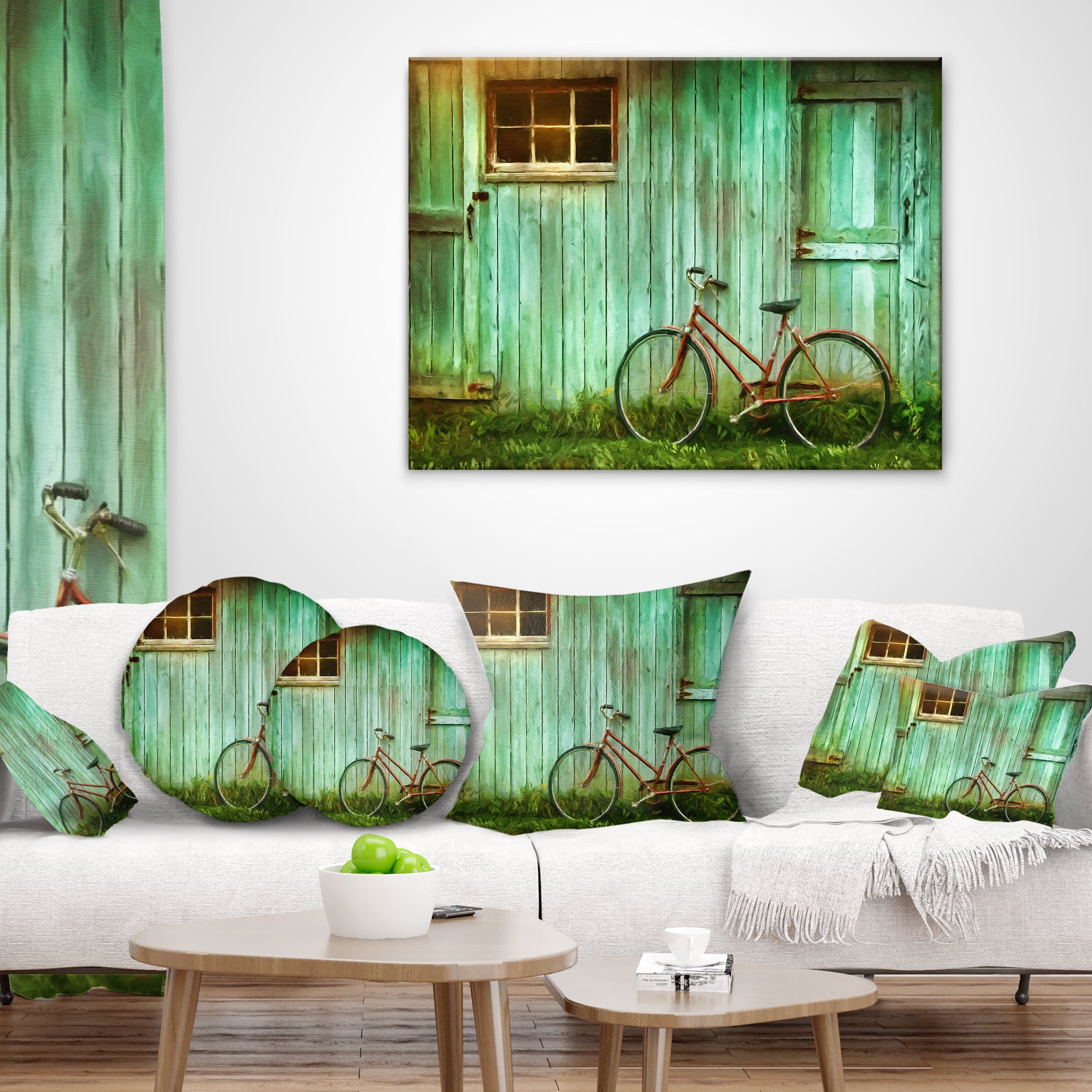 Designart Old Bicycle against Barn - Landscape Photo Throw Pillow - 16x16