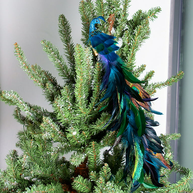 KelaJuan Faux Peacock Ornaments Glitter Blue Peacock Ornaments Artificial  Peacock Decor with Feather Tail and Clip for Christmas Tree