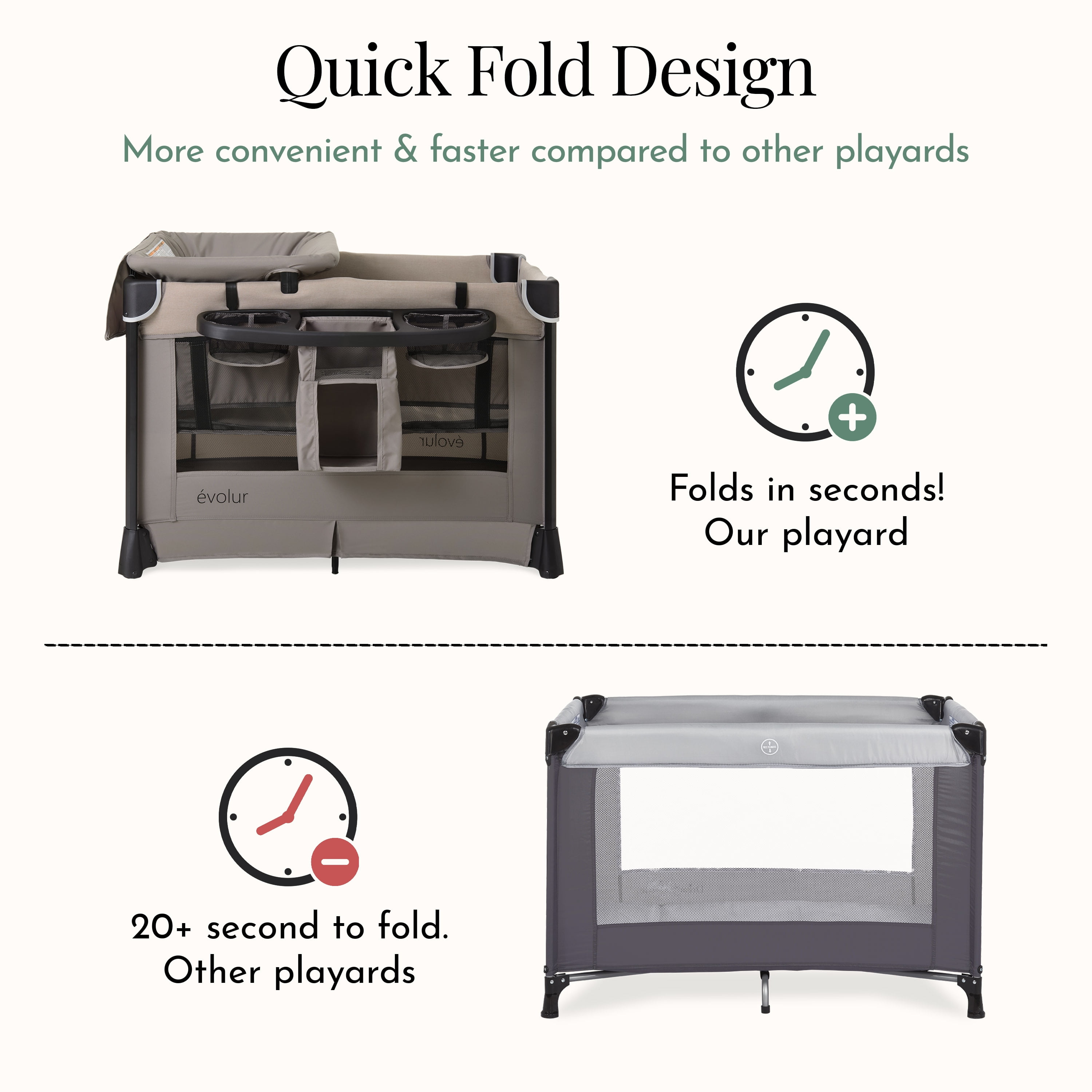 Evolur Cozy Cove All-in-One Portable Playard Beige with Bassinet & Changing Table – Quick-Fold Travel Playard with Breathable Mesh Sides, Travel Bag Included