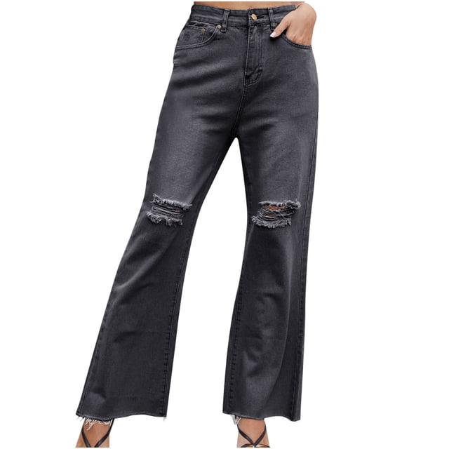 Bigersell Pull On Jeans Plus Size Jeans Clearance Ladies Jeans Ankle Leg Denim Pants Button Closure Distressed Female Bell Bottom Jeans Straight High Waist Full Length Pants Style J-120 Gray XXL