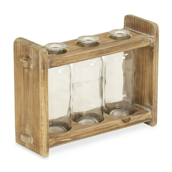 Set de Frascos Cheung con 3 Botellas de Vidrio y Estante de Madera 27x8x18 cm