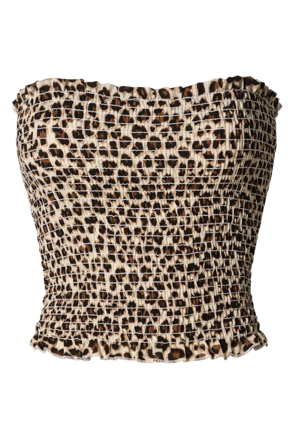 Women's Strapless Ruffled Edge Printed Smocking Crop Top