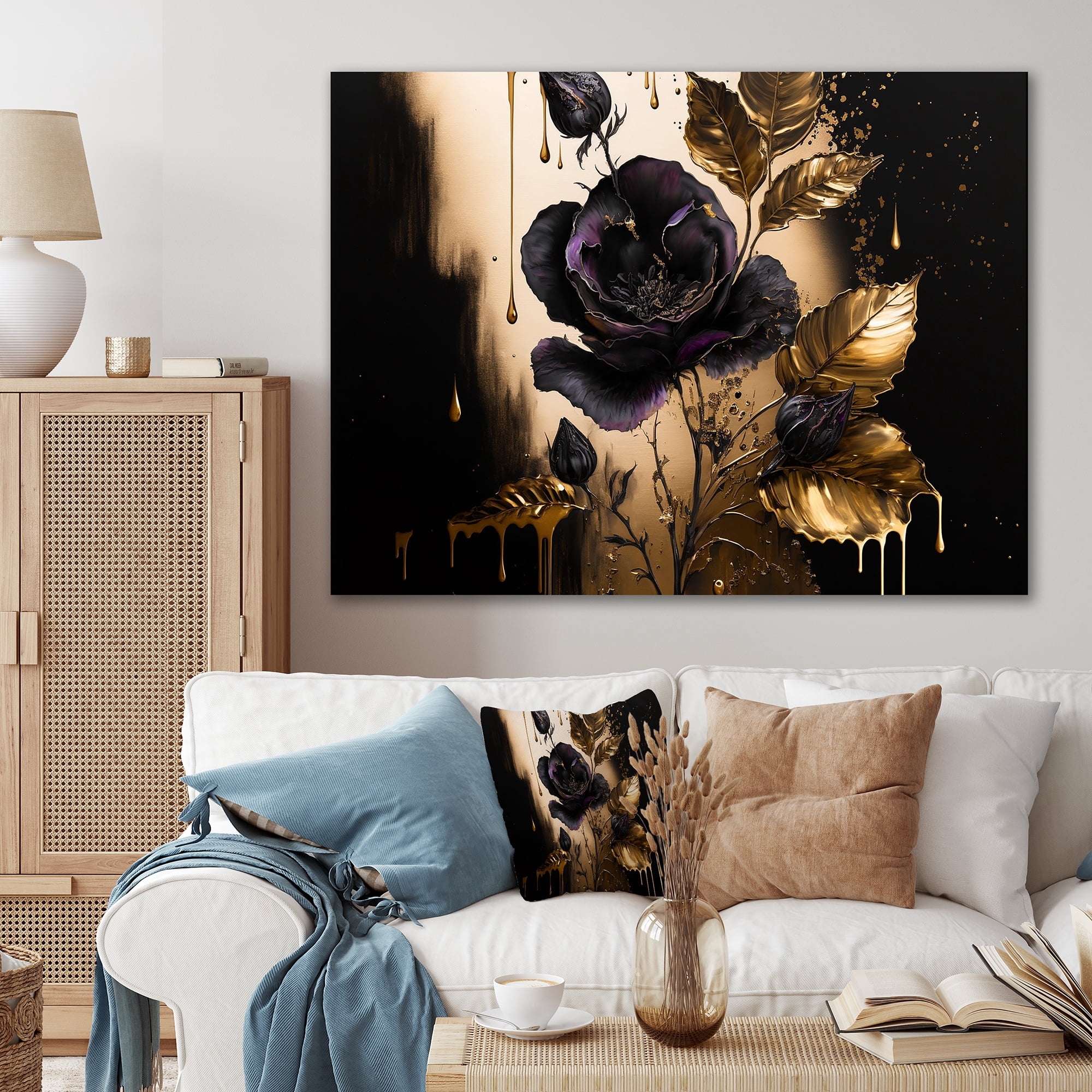 Designart Black And Gold Violets I Canvas Wall Art