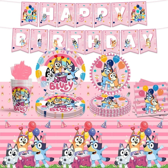 Bluey Birthday Party Decoration Tableware Set, Bluey Party Supplies Tableware - Bluey Tablecloth Banner Plates Napkins Cups etc Bluey Birthday Party Decoration for Kids