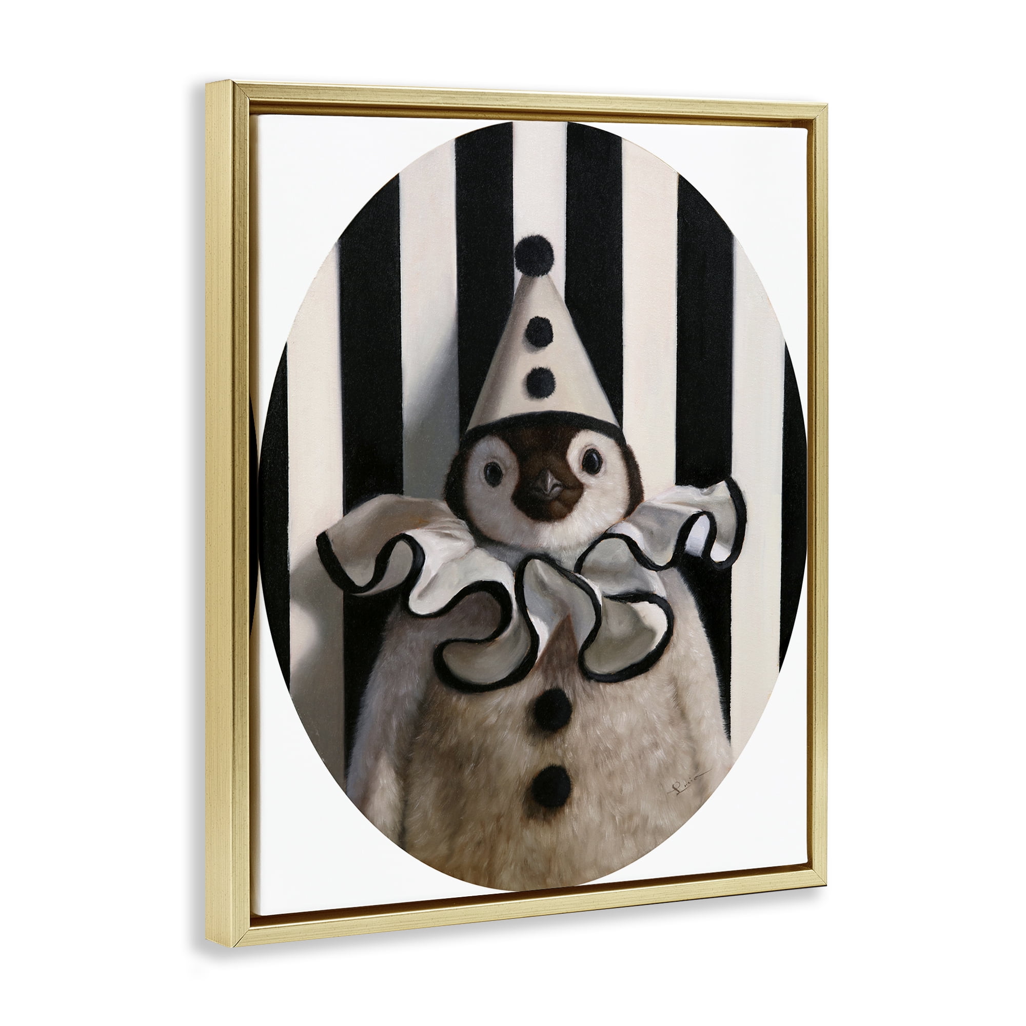 Stupell Industries Clown Themed Penguin Animals Painting Gold Floater Framed Canvas Art Print Wall Art, 25 x 31