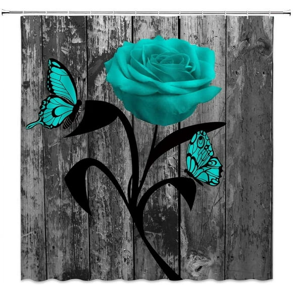Rideau de Douche Rose Sarcelle Vintage Gris Planche en Bois Romance Rose Fleur Papillon Rustique 3D Tissu Créatif Ensembles de Déco de Salle de Bain avec 12 Crochets,71x71 Pouces,Bleu Gris