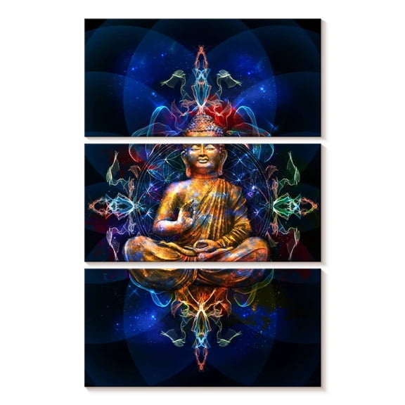 Elephant Stock Buddha In Lotus Pose Wall Art - Vertical Multi Panel Canvas - Living Room Wall Decor - Wellness Multi Panel - Blue And Orange Decor - 14" x 23"