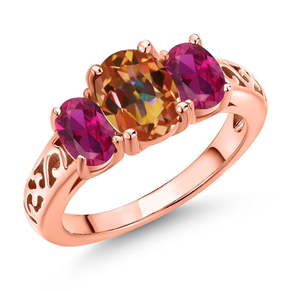 Gem Stone King 18K Rose Gold Plated Silver Ecstasy Mystic Topaz and Red Created Ruby Filigree Style 3 Stone Ring for Women (2.50 Cttw, Oval 8X6MM and 6X4MM) (Size 5)