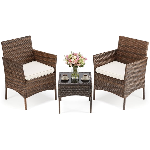 SHOUFTW 3-Piece Patio Furniture Set, Wicker Outdoor PE Rattan Furniture with Coffee Table & Washable Cushion, Compact Bistro Conversation Seating for Balcony, Garden, Poolside, Porch, Brown