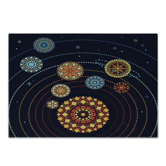 Galaxy Mandala Cutting Board, Abstract Scheme of the Solar System with Ornamental Motifs on the Planets, Decorative Tempered Glass Cutting and Serving Board, Small Size, Multicolor, by Ambesonne