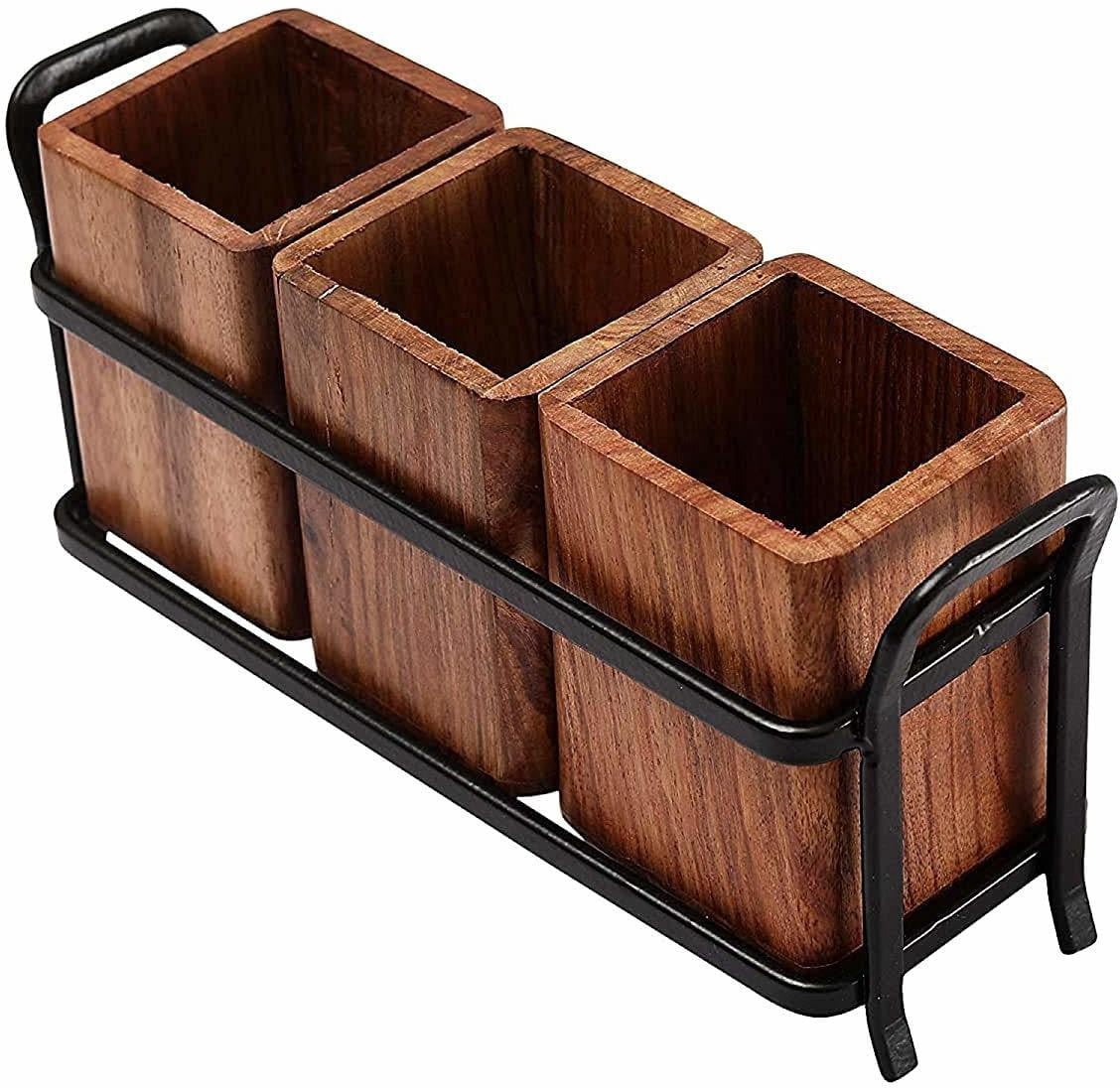 Wooden and Iron Cutlery Holder Set of 3 – Multipurpose Spoon Stand & Utensils Organizer for Dining Table and Kitchen