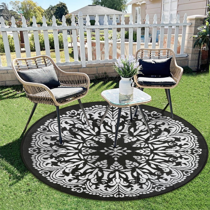 Aonewoe Round Outdoor Rugs 6Ft Waterproof Patio Plastic Straw Rug Reversible Camping Carpet Indoor Outdoor Area Rug for Patio,Deck,Balcony,Picnic,Beach,Outside