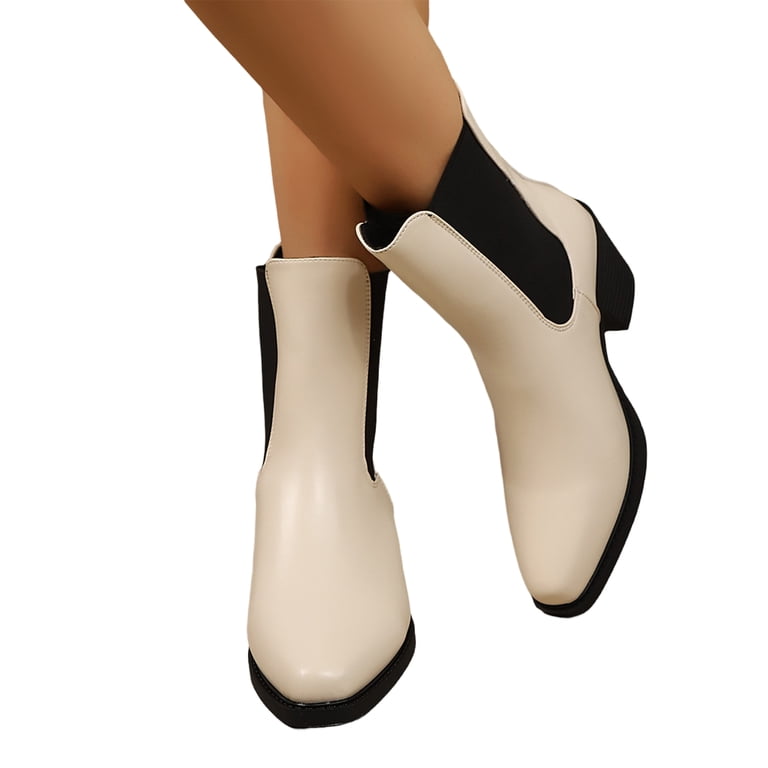 beige dress boots women EKVAHL Women's Orthopedic Slip On Chelsea Booties, Smooth PU Chunky Heel Ankle Boots, Square Toe Wedding Office Daily Black Black One-Shoulder Bow Formal Launchdate:2025-10-27 Colour:Royal Blue and open foot detailing