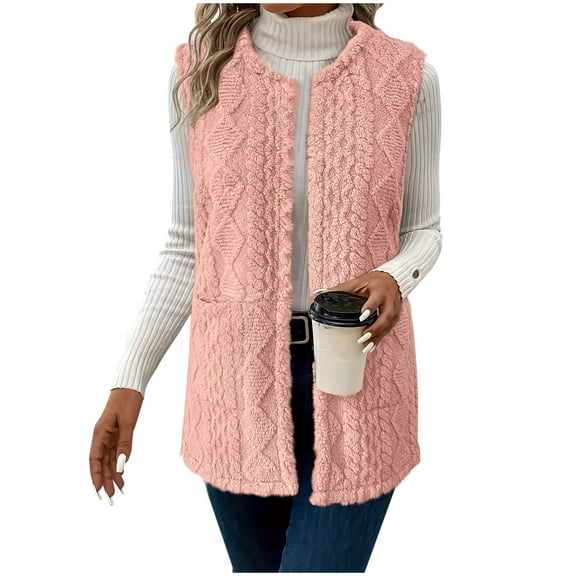 Arnsht Women's Double-sided Velvet Cardigan Vest with Pockets Solid Color Round Neck Sleeveless Vest Jacket Tops Pink S
