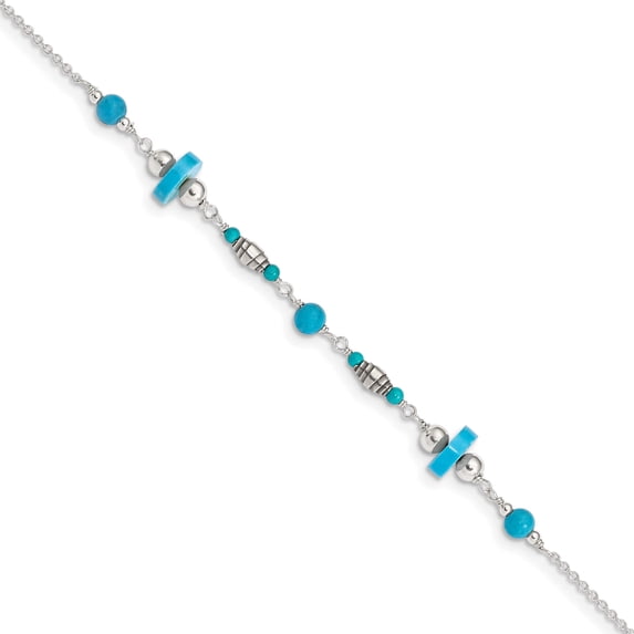Sterling Silver Antiqued Turquoise Beaded Anklet Made In Thailand qg1393-9