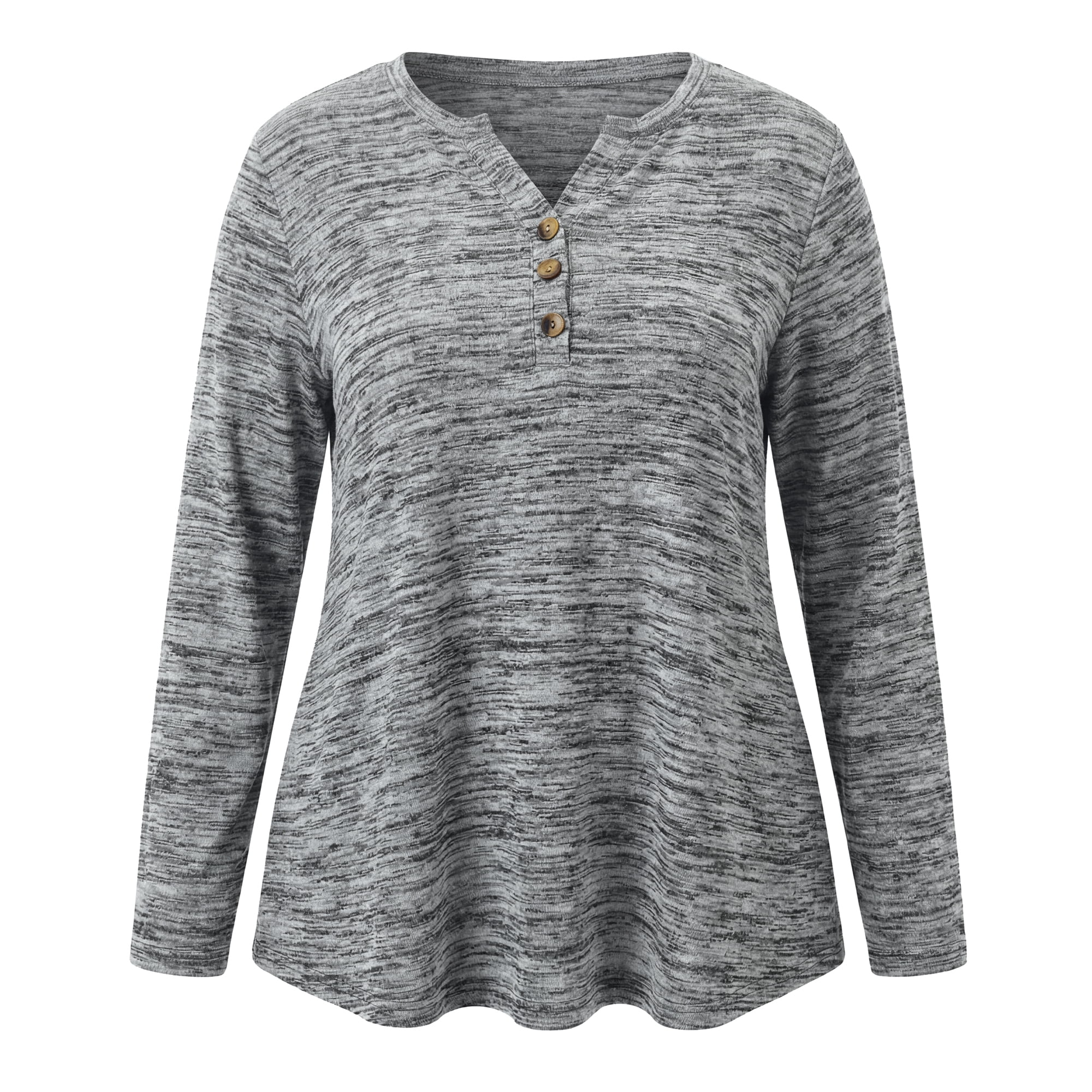DARING DIVA Women's Plus Pocket Notch Neck Long Sleeve Blouses 1X Gray