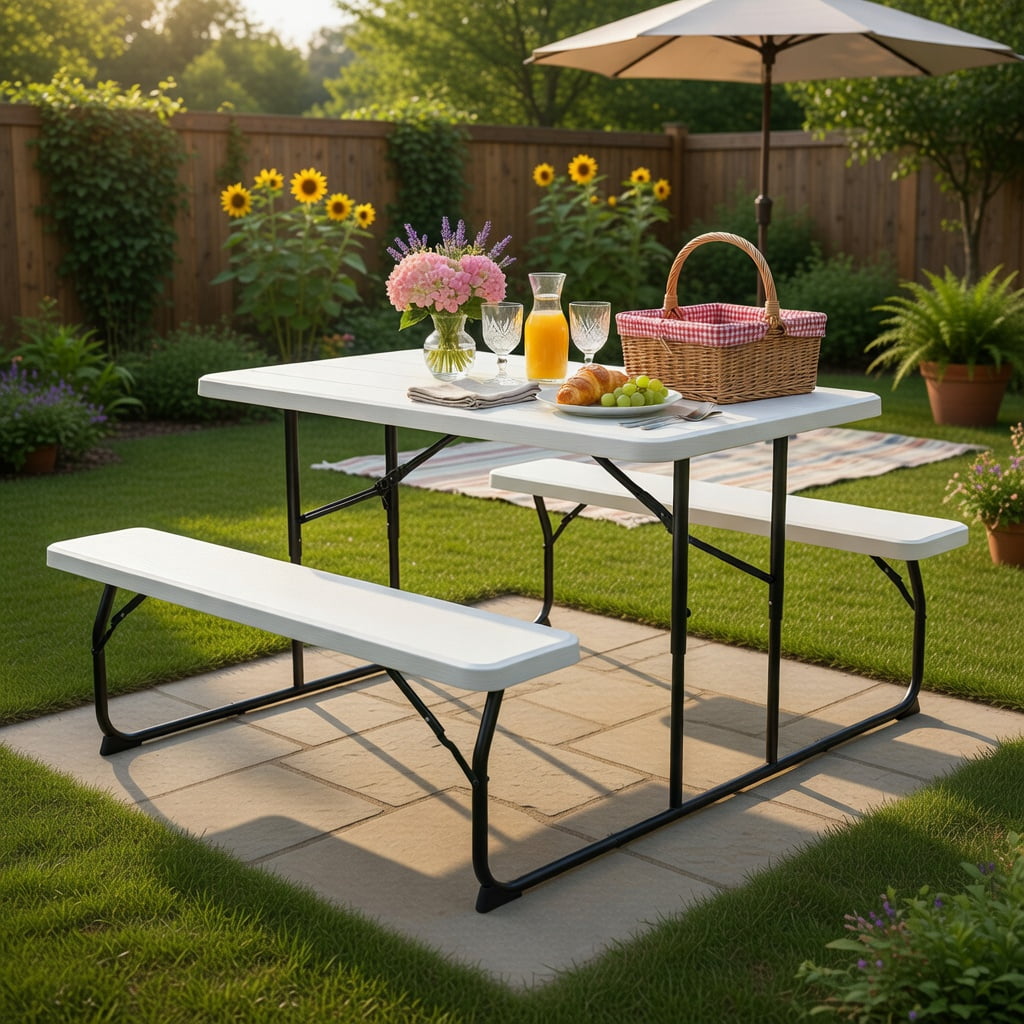 Hommoo Folding Outdoor Picnic Table & Bench Set, Wood-Grain HDPE Top, Steel Frame, Heavy-Duty Folding Patio Table for Backyard, Camping, Tailgating, White
