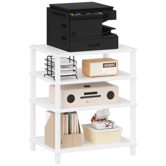 LELELINKY 4-Tier Media Stand, Natural Wood Audio Cabinet with Shelves, Multifunctional Entertainment Center for Living Room, Home, White
