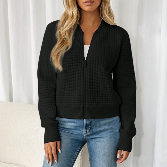 Uobin Women Cropped Bomber Jacket, Grid Waffle‑Textured Full Zip Long‑Sleeve Coat, Ribbed Cuff Hem Lightweight Fall Casual Outerwear