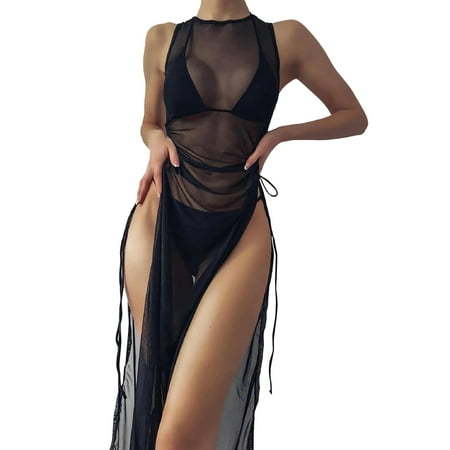 vbnergoie Women Bikini Draped Front Drawstring Knot Mesh Cover Up Without Lingerie Hight Split Fork Dress Beach Wrap Bikini Shiny Wraps Cover Ups For Skirt Cover Ups for Swimwear Women Swi